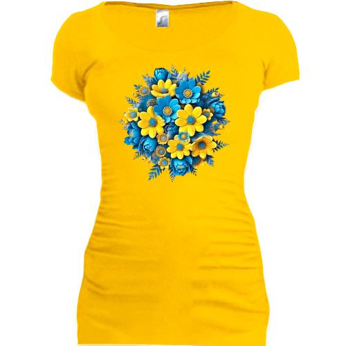Подовжена футболка з жовто-синім букетом квітів (АРТ)