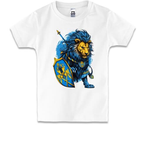Детская футболка с желто-синим львом-воином