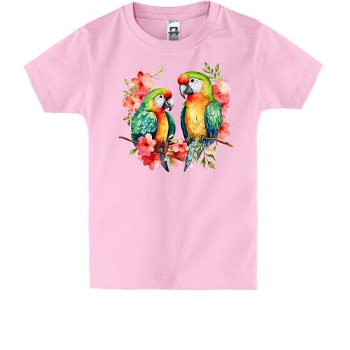 Детская футболка с зелеными попугаями