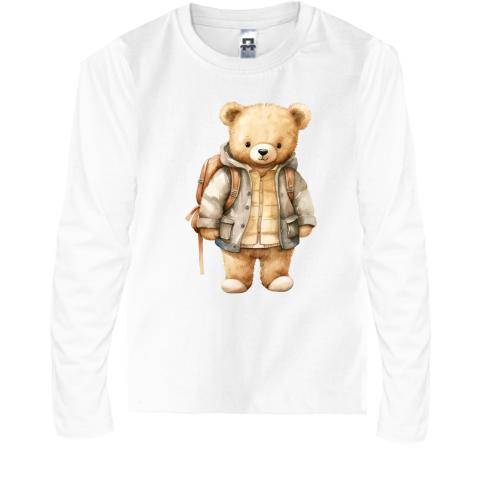 Детская футболка с длинным рукавом Мишка Тедди с рюкзаком