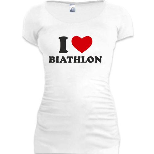 Женская удлиненная футболка Я люблю Биатлон — I love Biathlon