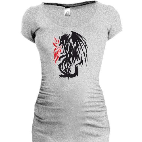 Женская удлиненная футболка Дракон и пламя