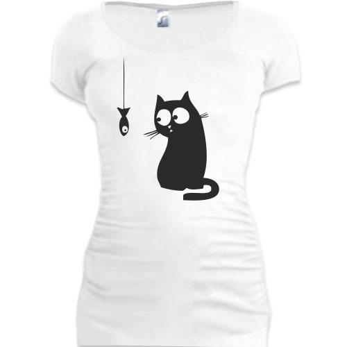 Женская удлиненная футболка Кошка с рыбкой