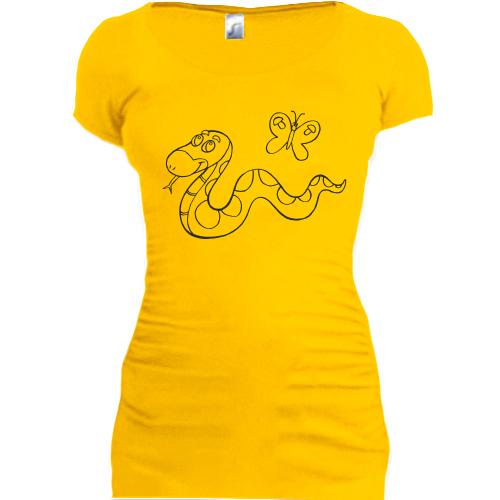 Женская удлиненная футболка со змеей и бабочкой