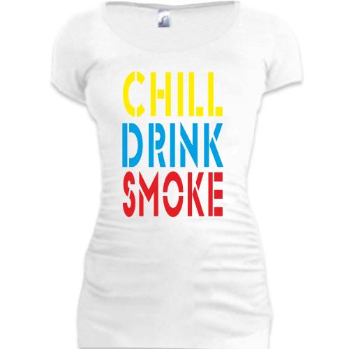 Женская удлиненная футболка Chill, Drink, Smoke