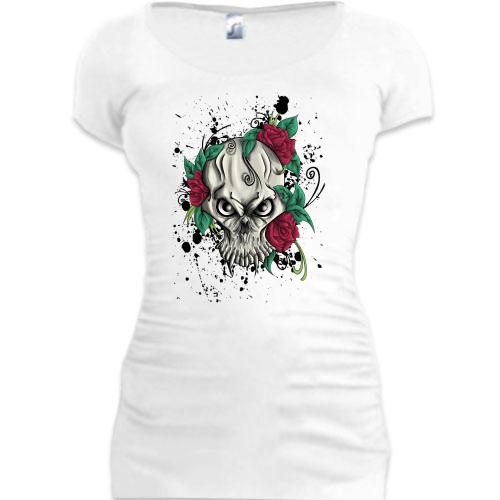 Женская удлиненная футболка с черепом и розами