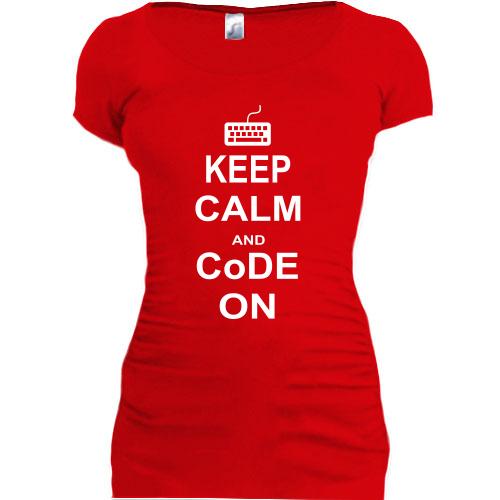 Женская удлиненная футболка Keep calm and code on