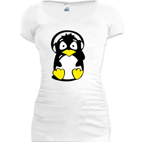 Подовжена футболка з пінгвіном в навушниках