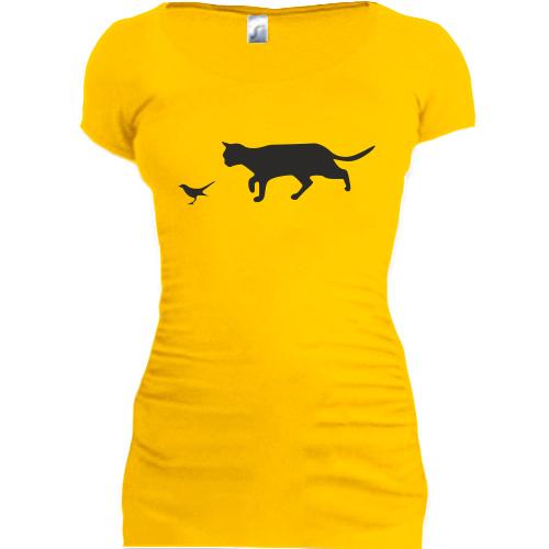 Женская удлиненная футболка кот с птичкой