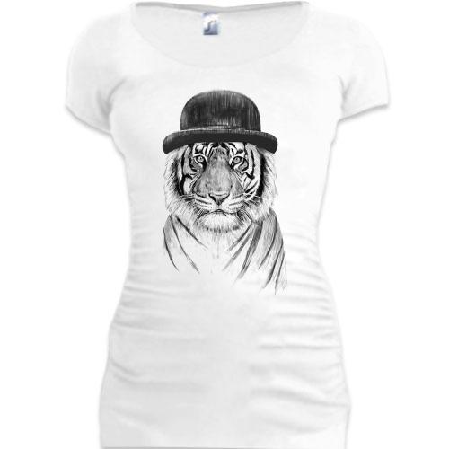 Женская удлиненная футболка с тигром в шляпе