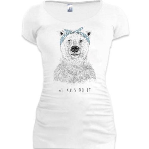Женская удлиненная футболка медведь-хипстер We can do it