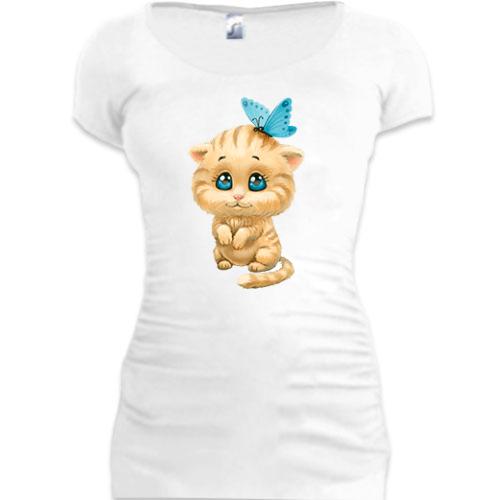 Женская удлиненная футболка с котенком с бантиком