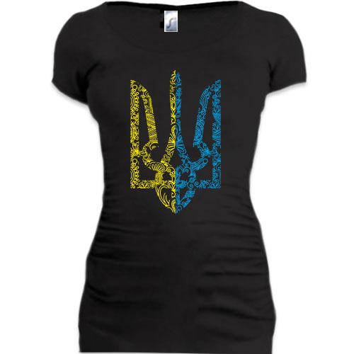 Женская удлиненная футболка с желто-голубым гербом Украины