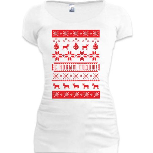 Женская удлиненная футболка С новым Годом в виде вышиванки