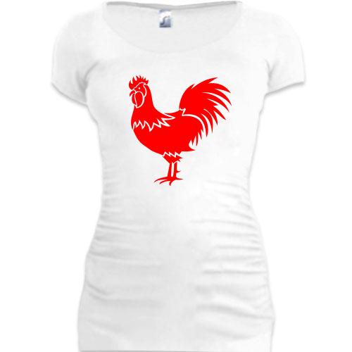 Женская удлиненная футболка с красным петухом