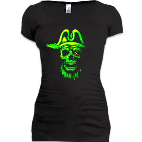 Женская удлиненная футболка с кислотным черепом-пиратом