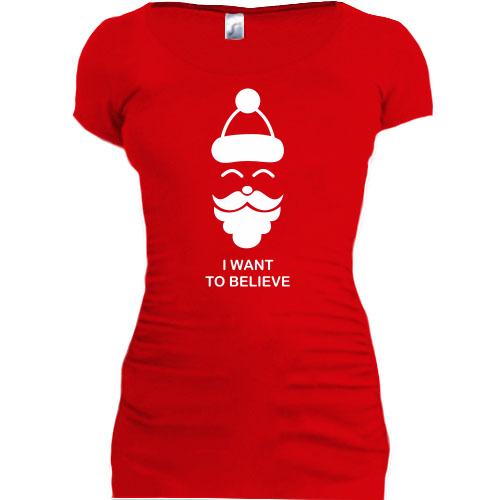Женская удлиненная футболка Хочу верить в Деда Мороза