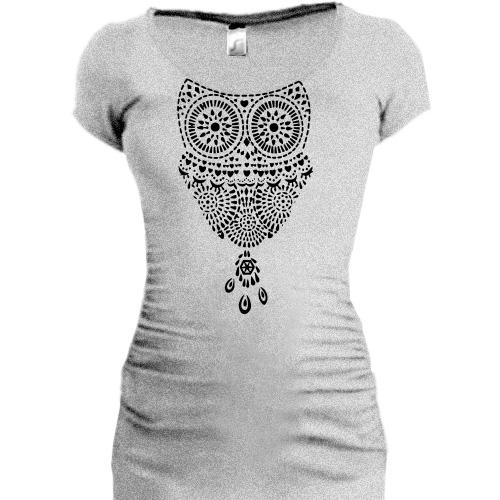 Женская удлиненная футболка Сова из узора