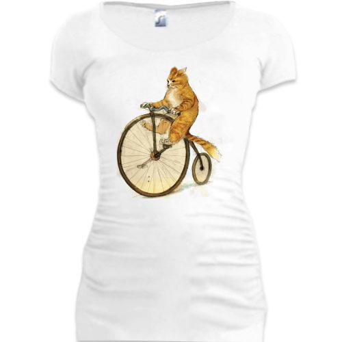 Женская удлиненная футболка Кот на велосипеде