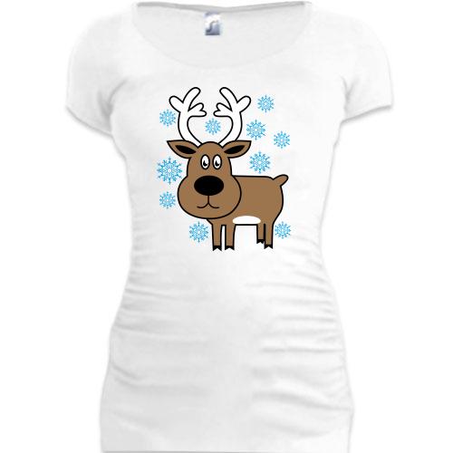 Женская удлиненная футболка Олень со снежинками