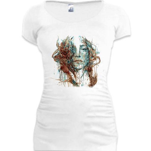 Женская удлиненная футболка Девушка - абстракция