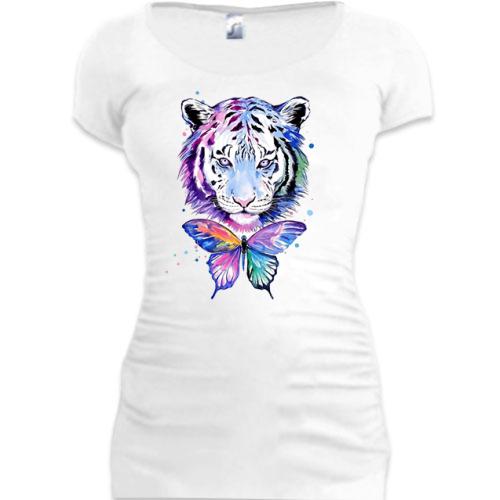 Женская удлиненная футболка с тигром и бабочкой