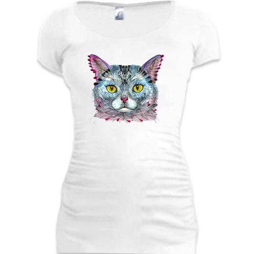 Женская удлиненная футболка с арт-котом