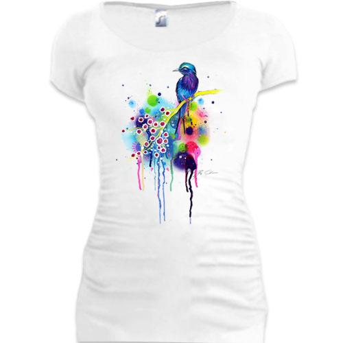 Женская удлиненная футболка с акварельной птичкой