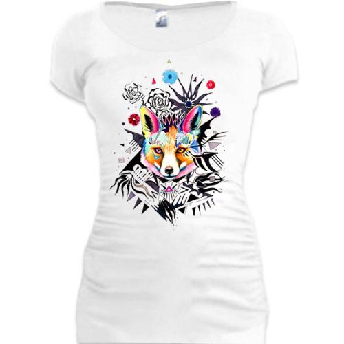 Женская удлиненная футболка с лисой в абстракции