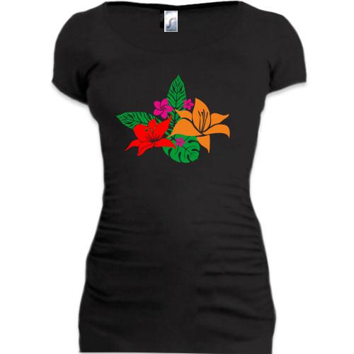 Женская удлиненная футболка с тропическими цветами
