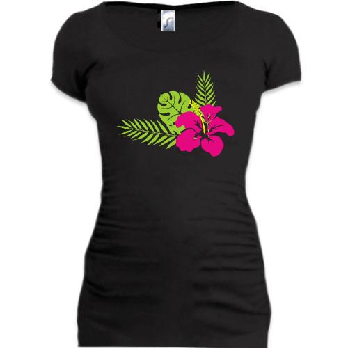 Подовжена футболка з тропічними квітами (2)