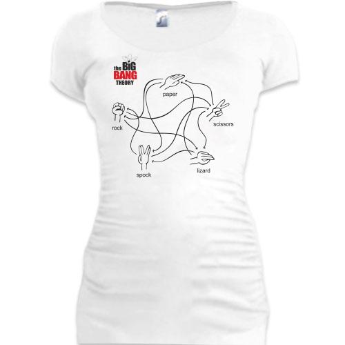 Женская удлиненная футболка Камень-Ножницы Шелдона