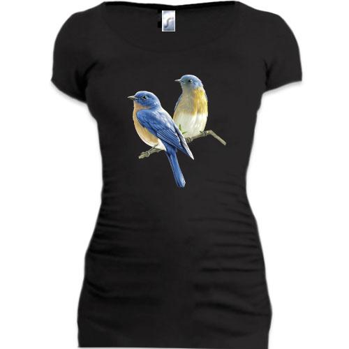 Женская удлиненная футболка с синичками