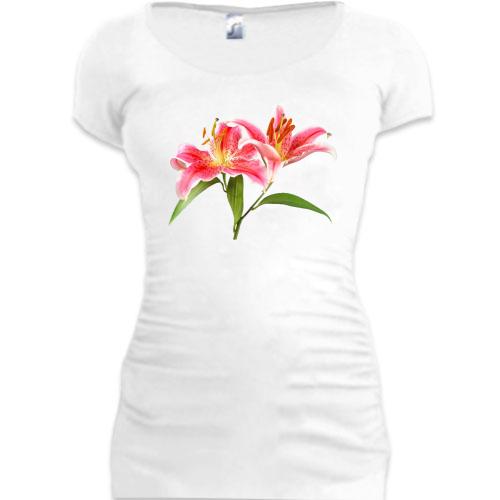 Женская удлиненная футболка с розовыми лилиями