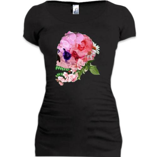 Женская удлиненная футболка Rose skull