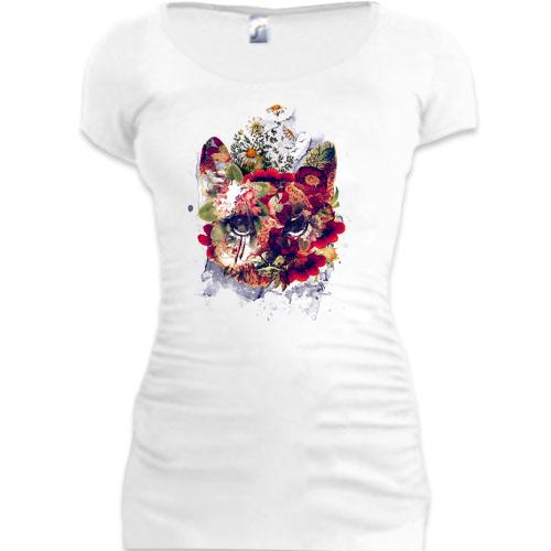 Женская удлиненная футболка с совой из цветов