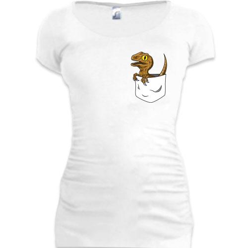 Женская удлиненная футболка с динозавром в кармане