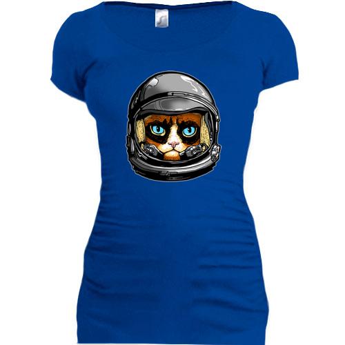 Женская удлиненная футболка с котом - космонавтом