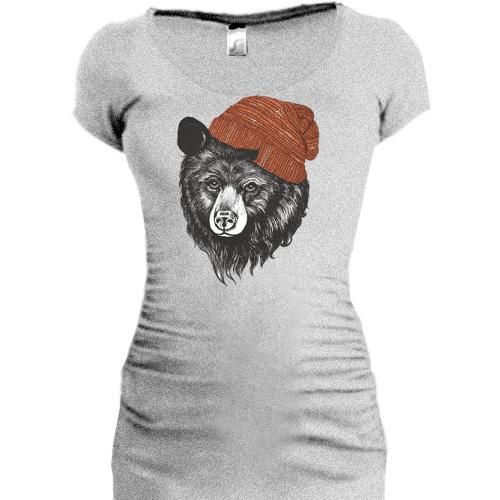 Женская удлиненная футболка с медведем в шапке