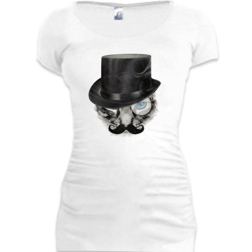 Женская удлиненная футболка с котом в шляпе