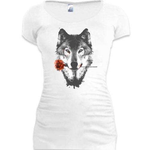 Женская удлиненная футболка с волком с розой в зубах