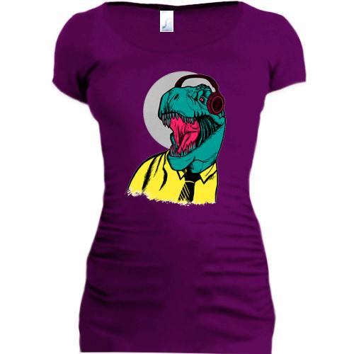 Женская удлиненная футболка с динозавром в наушниках
