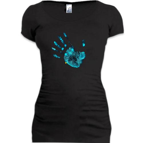 Женская удлиненная футболка с неоновым отпечатком руки