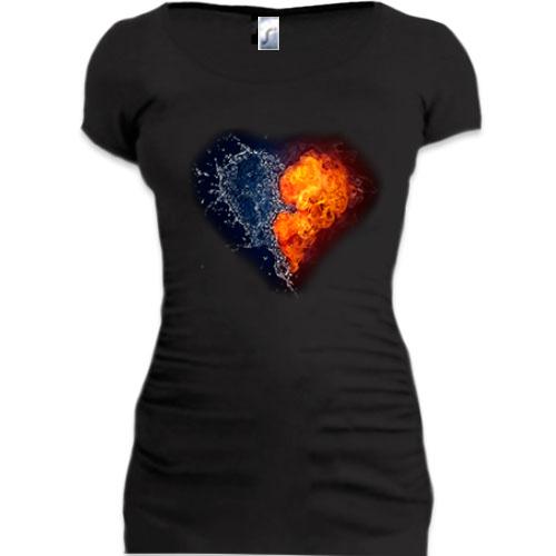 Подовжена футболка з серцем з вогню і води