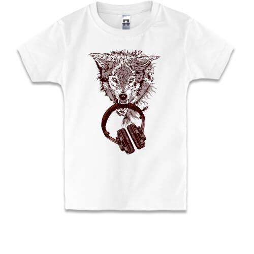 Детская футболка с волком и наушниками в пастии