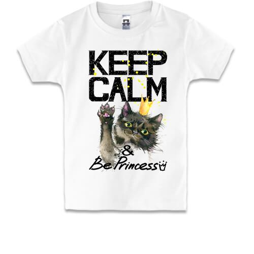 Детская футболка с котенком Keep calm and be princess