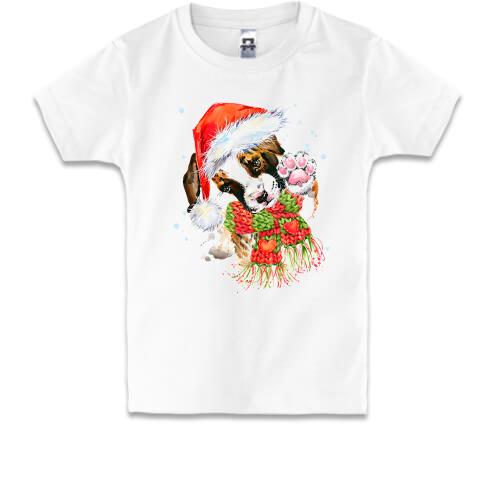 Дитяча футболка з біглем в новорічному ковпаку