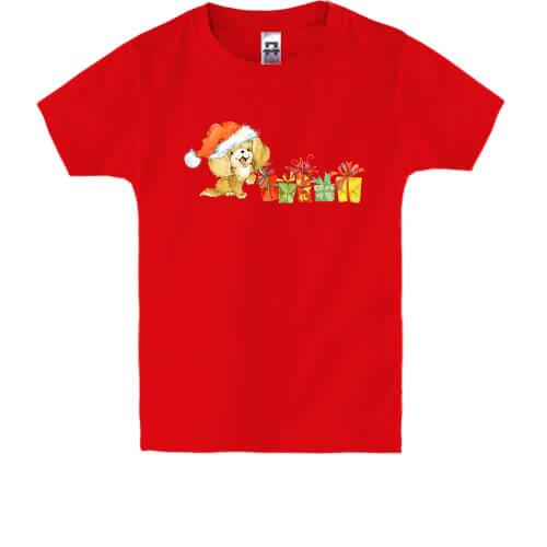 Детская футболка с новогодней собачкой с подарками