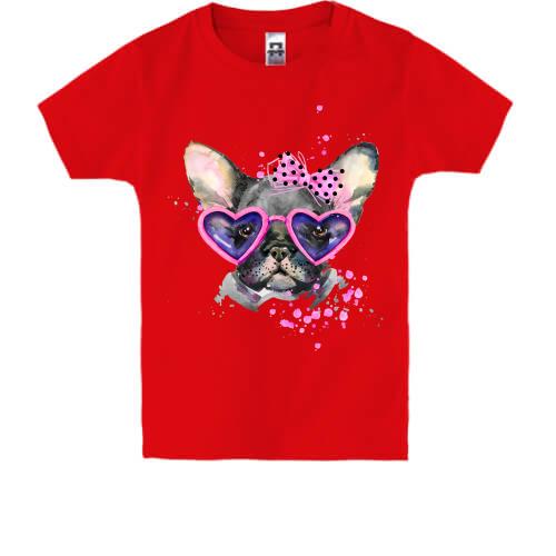 Детская футболка с Французским Бульдогом девочкой в очках (1)