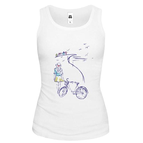 Майка Девушка с велосипедом на набережной